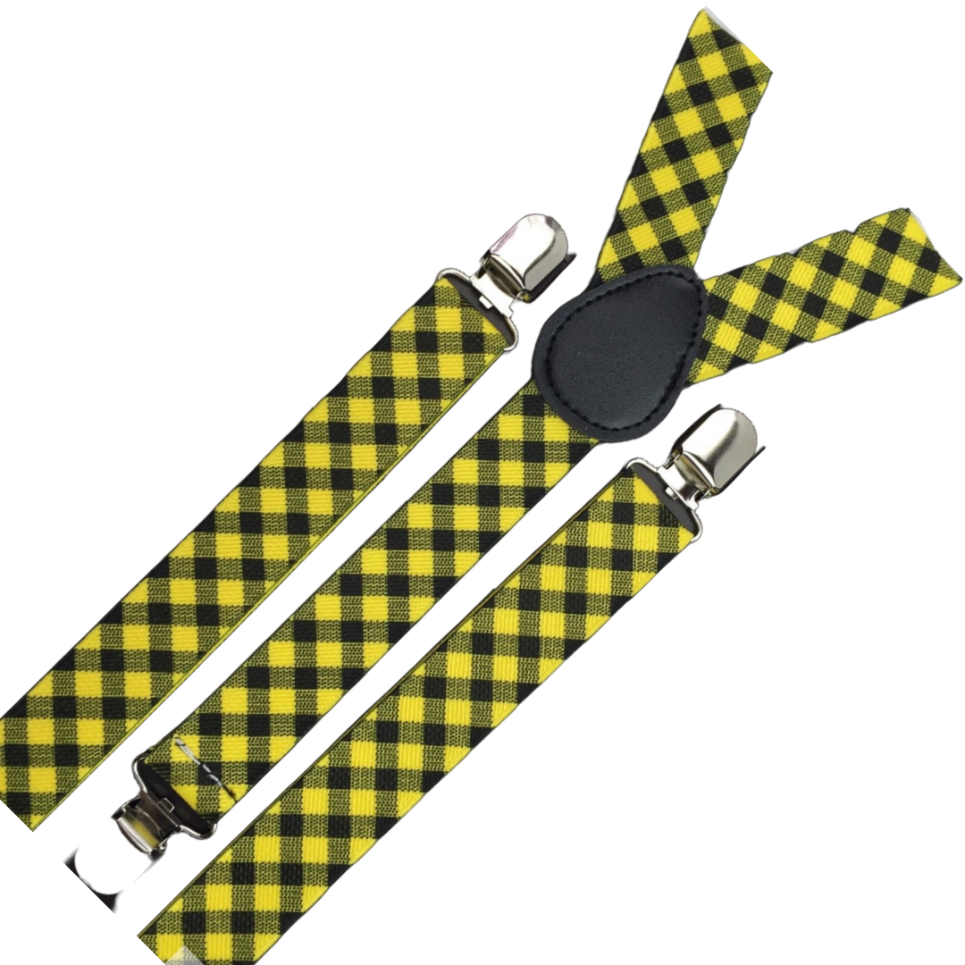 3x Mens Slim Suspenders Braces Adjustable Clip On - Black/Yellow Check 3