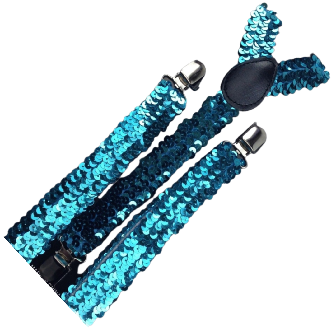 3x Mens Suspenders Braces Adjustable Strong Clip On Elastic Formal Wedding Slim - Blue (Sequin) 3