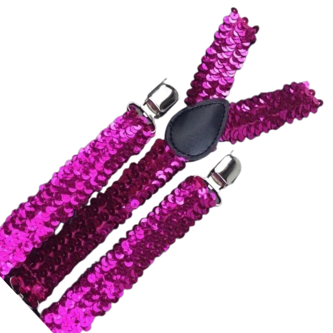 3x Mens Suspenders Braces Adjustable Strong Clip On Elastic Formal Wedding Slim - Hot Pink (Sequin) 3
