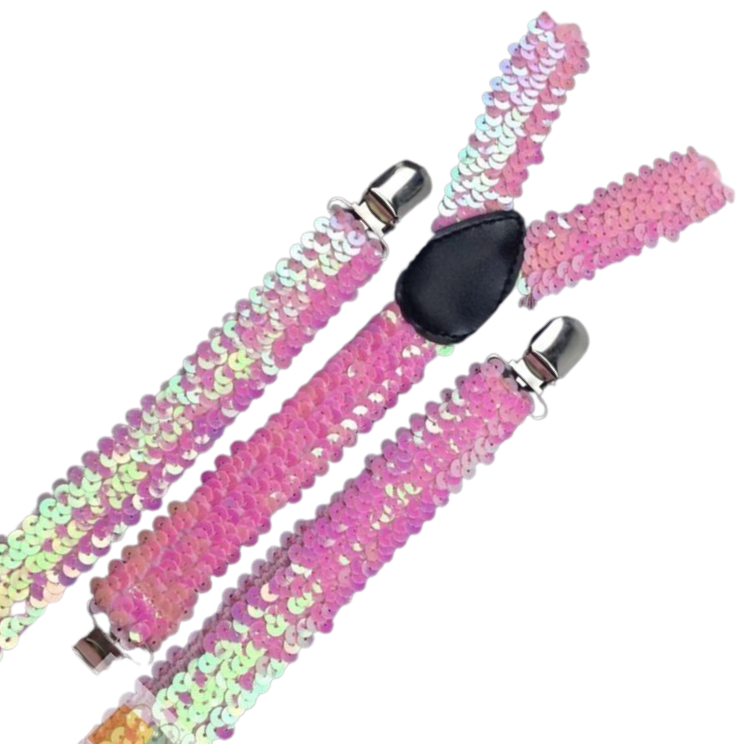 3x Mens Suspenders Braces Adjustable Strong Clip On Elastic Formal Wedding Slim - Light Pink (Sequin) 3