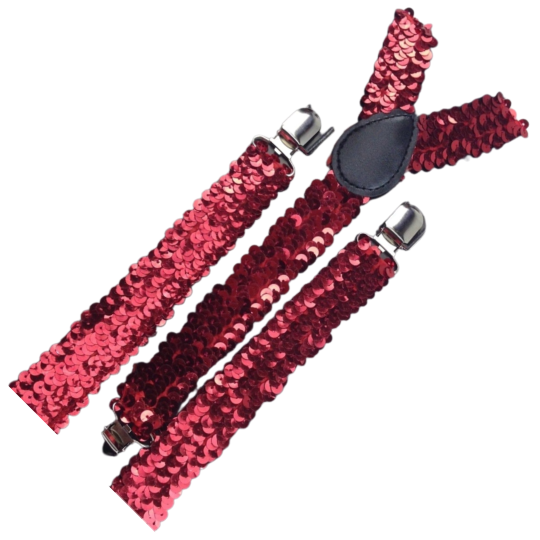 3x Mens Suspenders Braces Adjustable Strong Clip On Elastic Formal Wedding Slim - Red (Sequin) 3