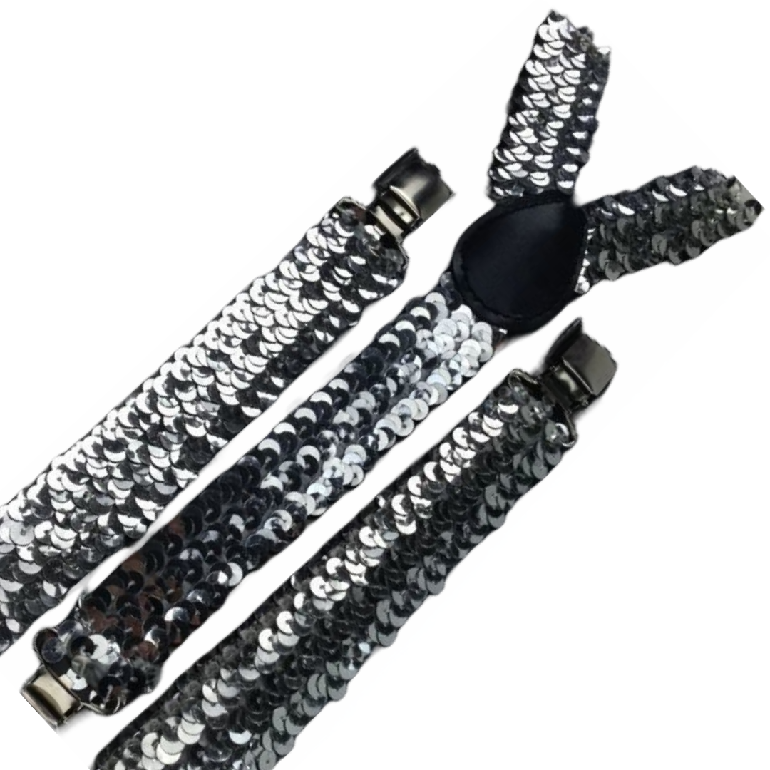 3x Mens Suspenders Braces Adjustable Strong Clip On Elastic Formal Wedding Slim - Silver (Sequin) 3