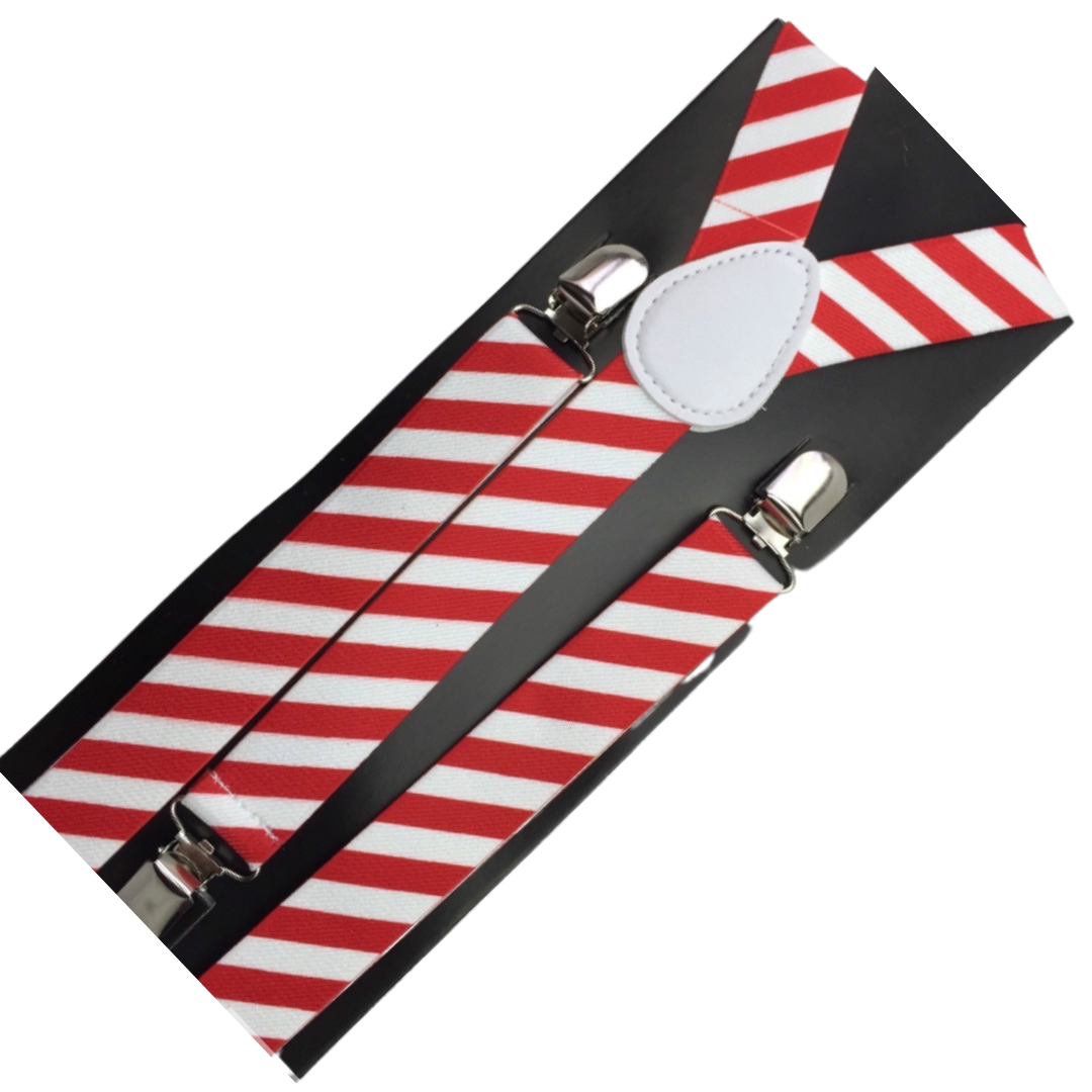 3x Mens Suspenders Braces Adjustable Strong Clip On Elastic Formal Wedding Slim - Red/White Diagonal Stripes 3