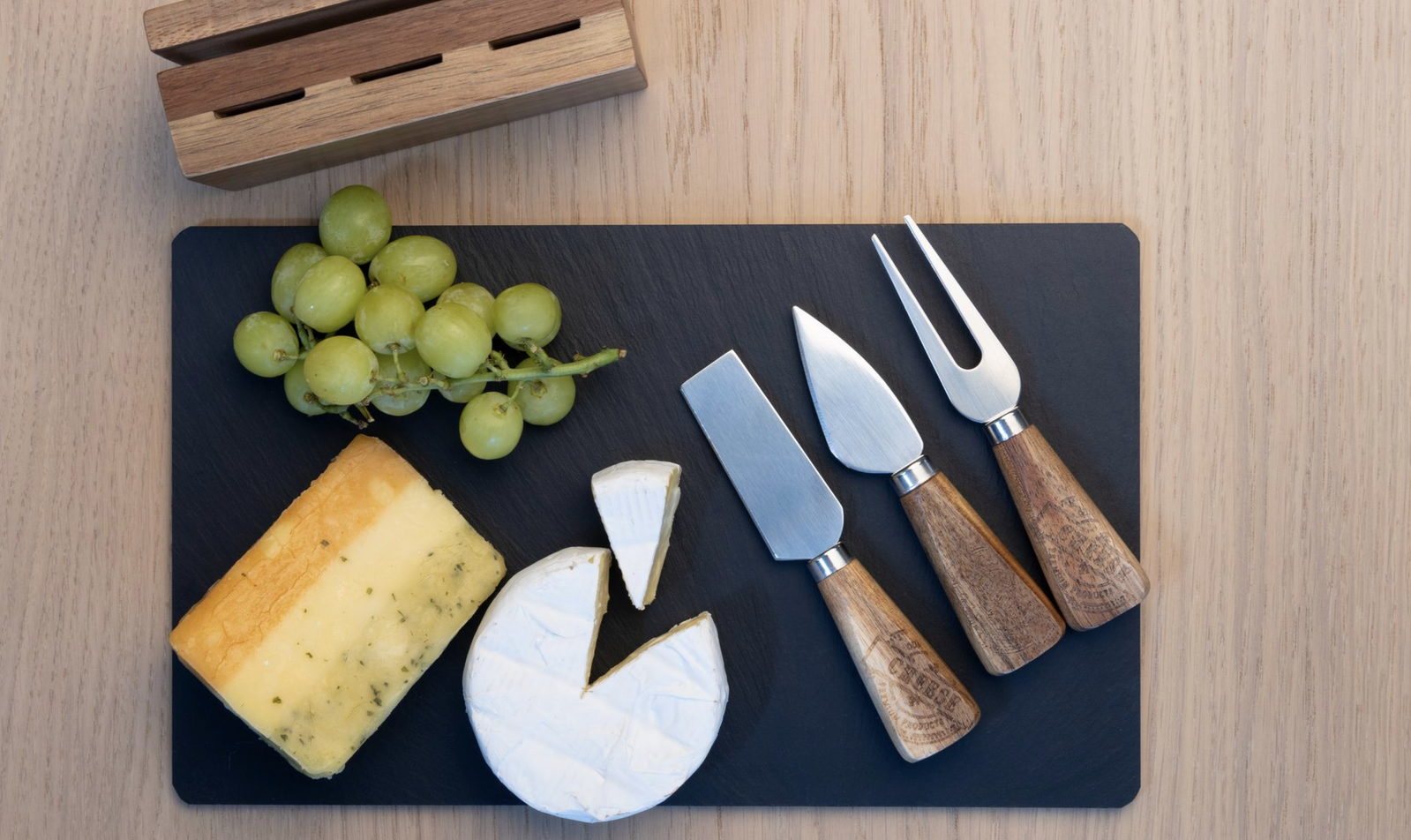 4pc Euroline Slate Wooden 30cm Cheese Board w/ Plane Knife / Fork - Brown 3