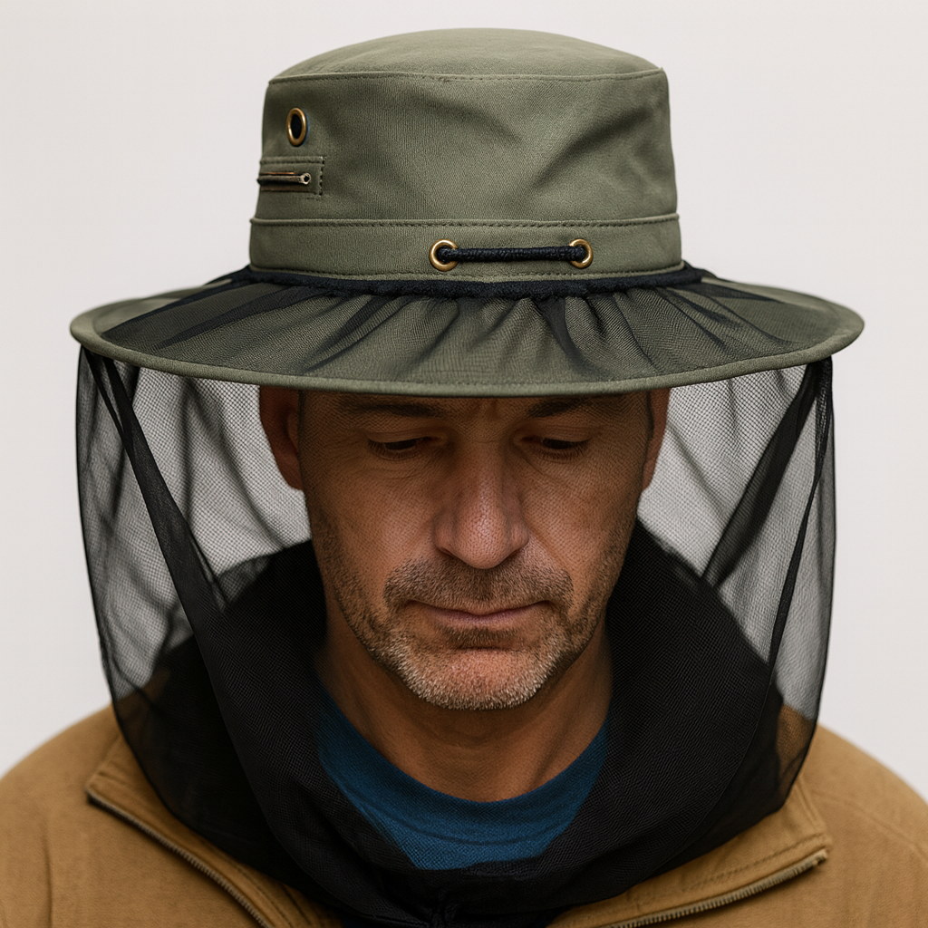 Deluxe MOSQUITO HAT NET Head Protector Bee Bug Mesh Mozzie Insect Fishing Fly - Black