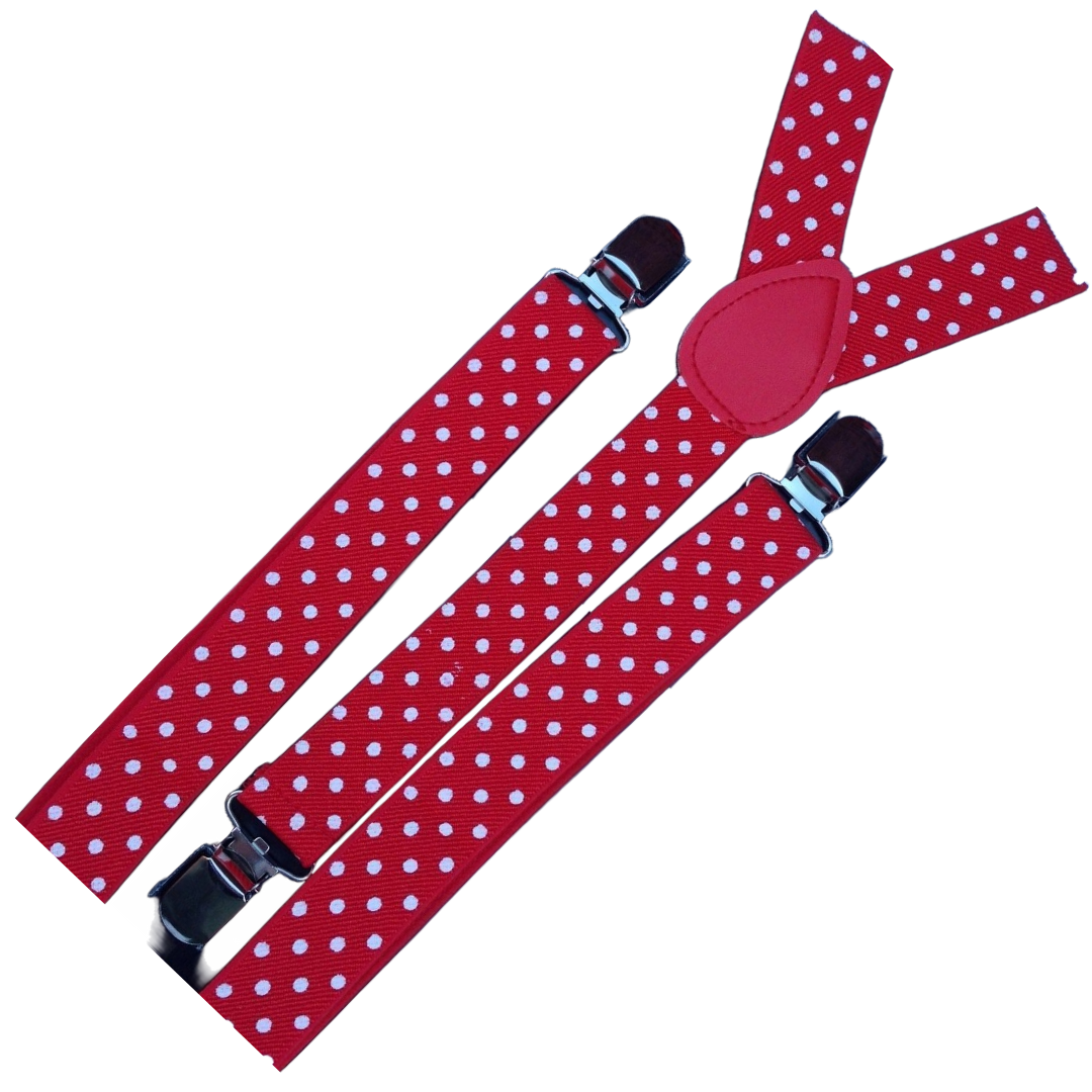 6x Mens Suspenders Braces Adjustable Strong Clip On Elastic Formal Wedding BULK - Red with White Polka Dot 3