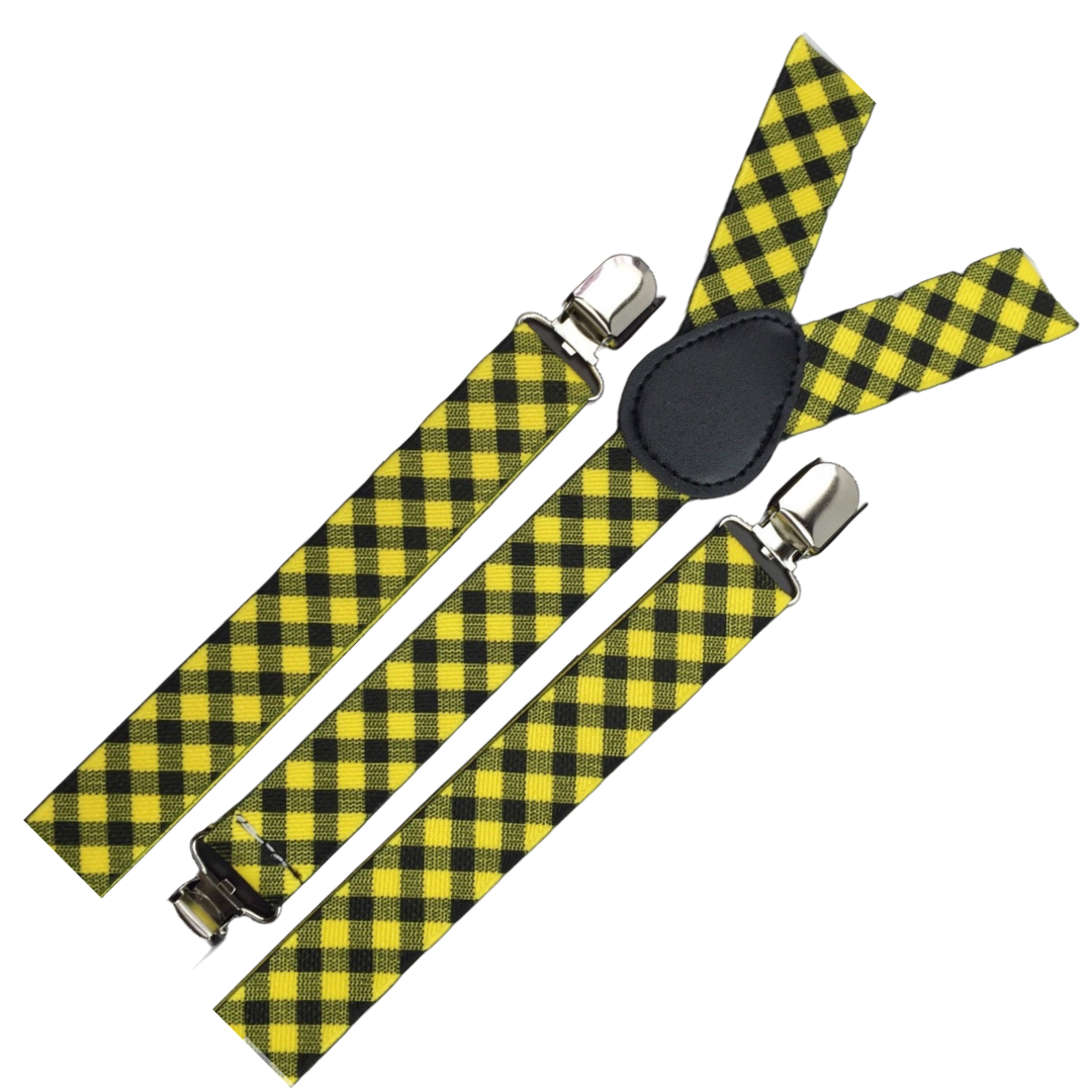 6x Mens Suspenders Braces Adjustable Strong Clip On Elastic Formal Wedding BULK - Black/Yellow Check 3