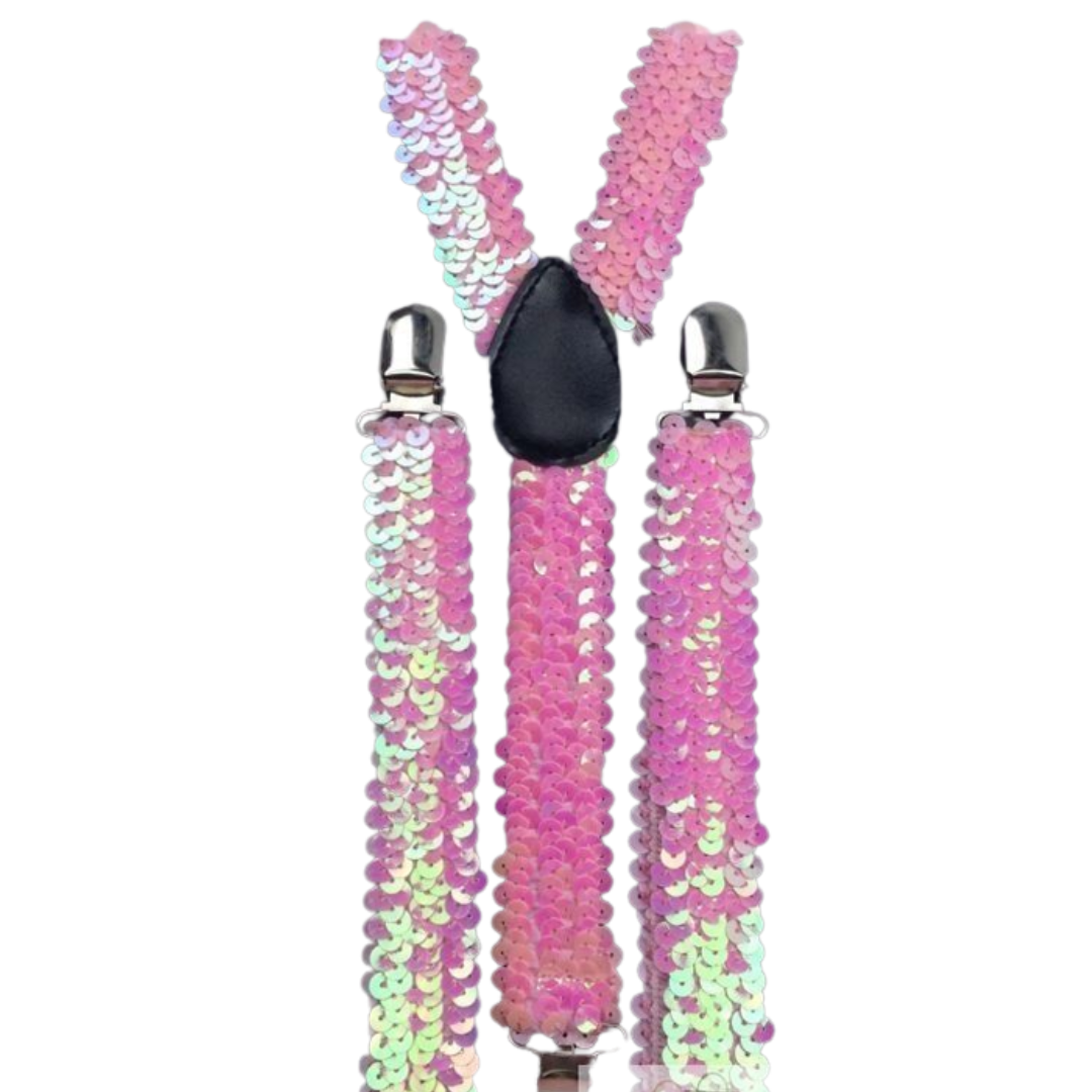 6x Mens Suspenders Braces Adjustable Strong Clip On Elastic Formal Wedding BULK - Light Pink (Sequin) 3