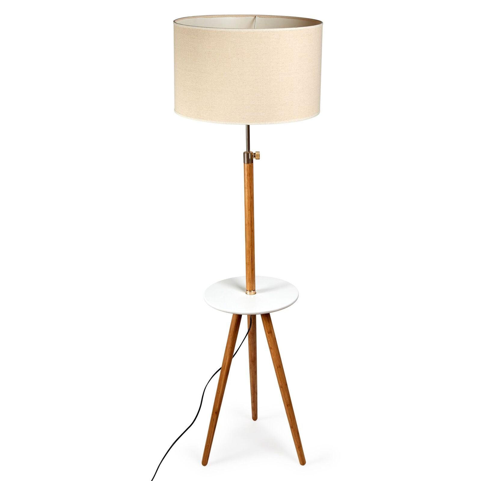 165cm Adjustable Bamboo Tripod Floor Lamp Light with Linen Shade & Built-In Table 3