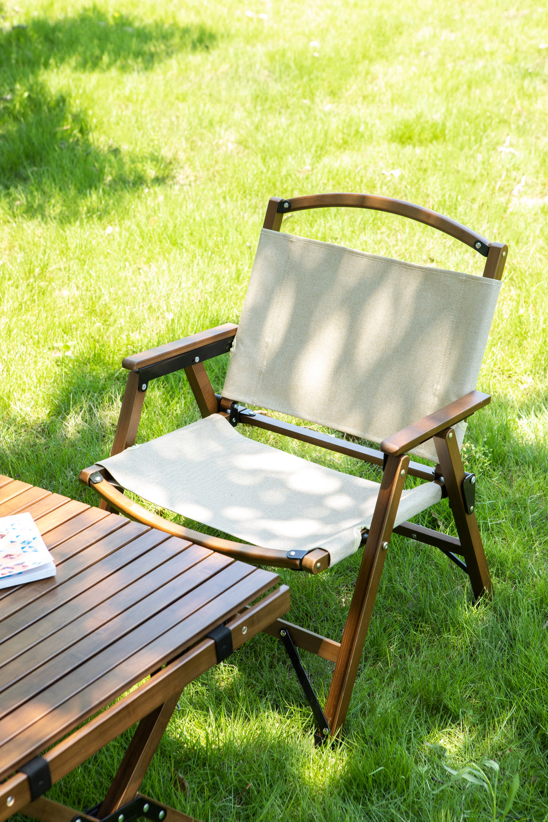 2x Bamboo Foldable Outdoor Camping Chair Wooden Travel Picnic Park Folding - Khaki/Beige 3