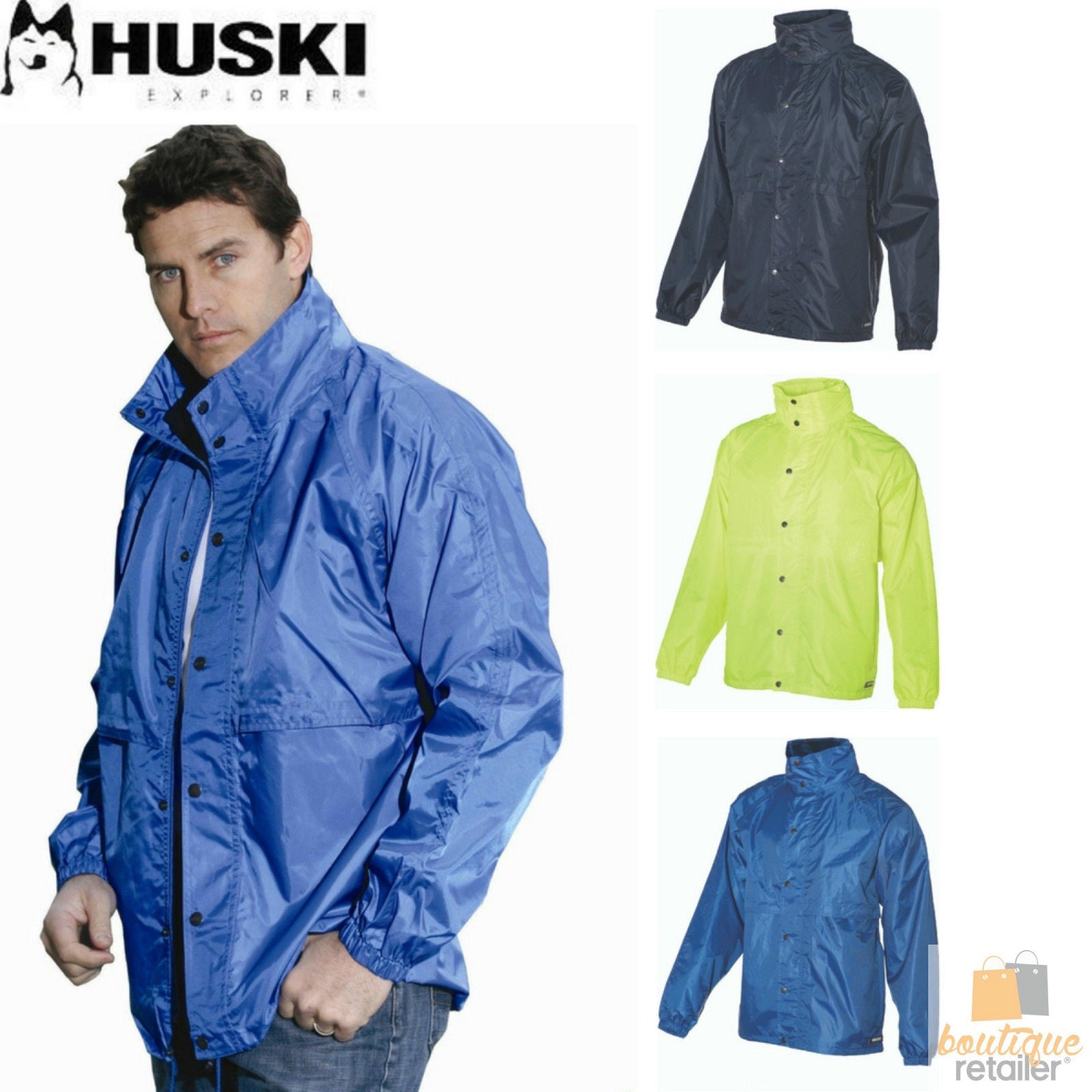 HUSKI STRATUS RAIN JACKET Waterproof Workwear Concealed Hood Windproof Packable - Navy Blue - S 7