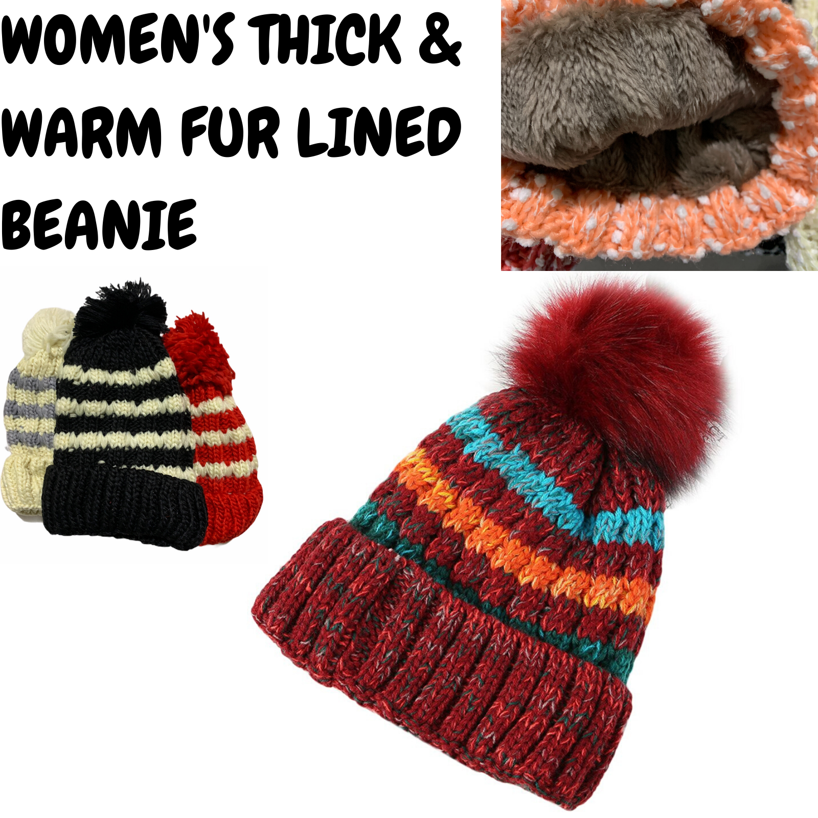 Womens Thick Knit Beanie Winter Fleece Lined Hat Warm Faux Fur Pom Striped Ski 6