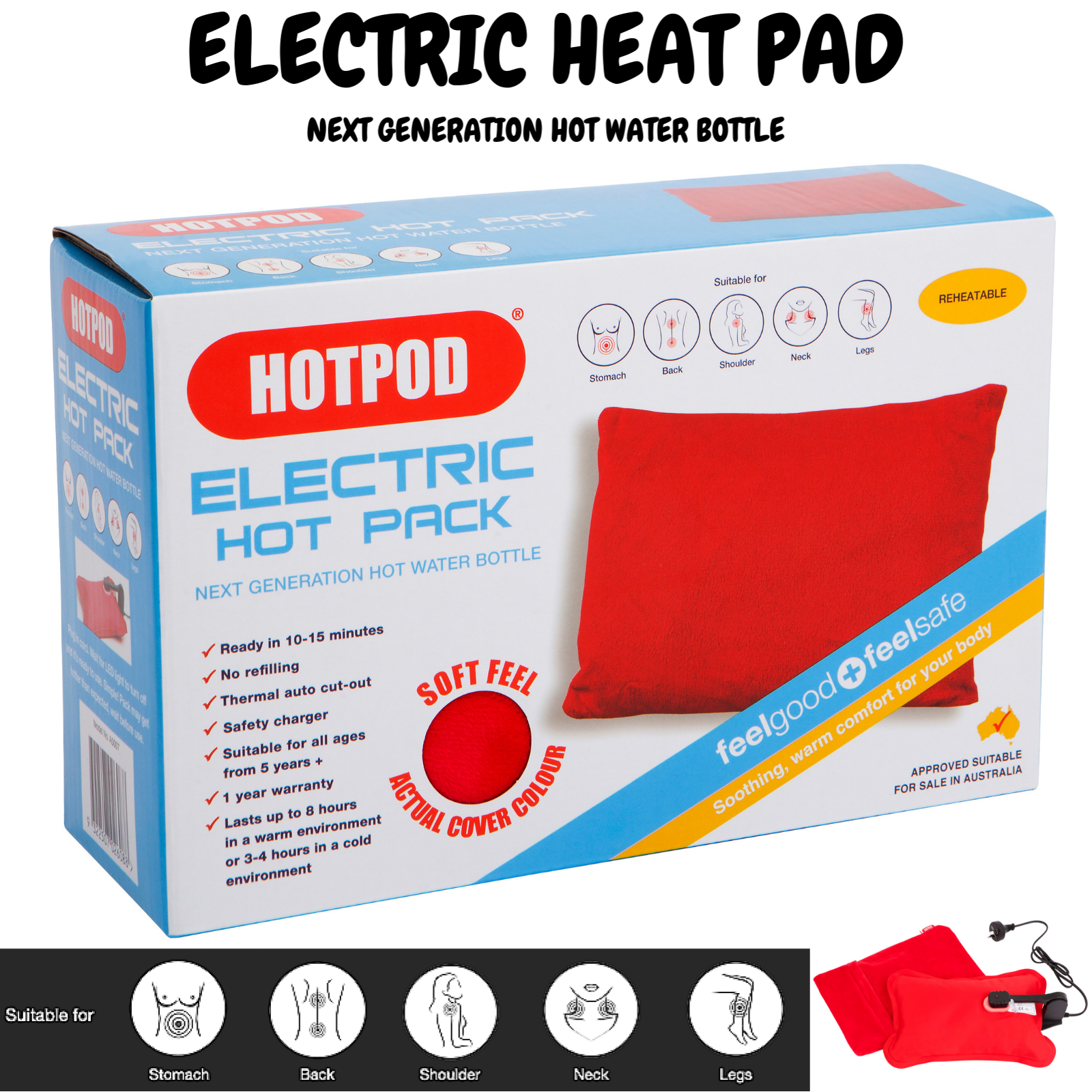 HOTPOD Electric Hot Pack Water Bottle Reheat-able Pillow Pad Sleep Aid - Safety Approved 7