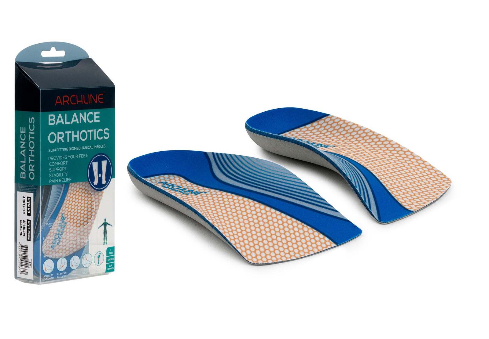 ARCHLINE 3/4 Slim Orthotics Plantar Fasciitis Insoles Balance Support Relief - EUR 42 5