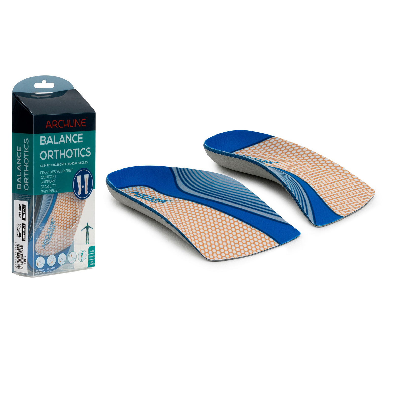 ARCHLINE 3/4 Slim Orthotics Plantar Fasciitis Insoles Balance Support Relief - EUR 42