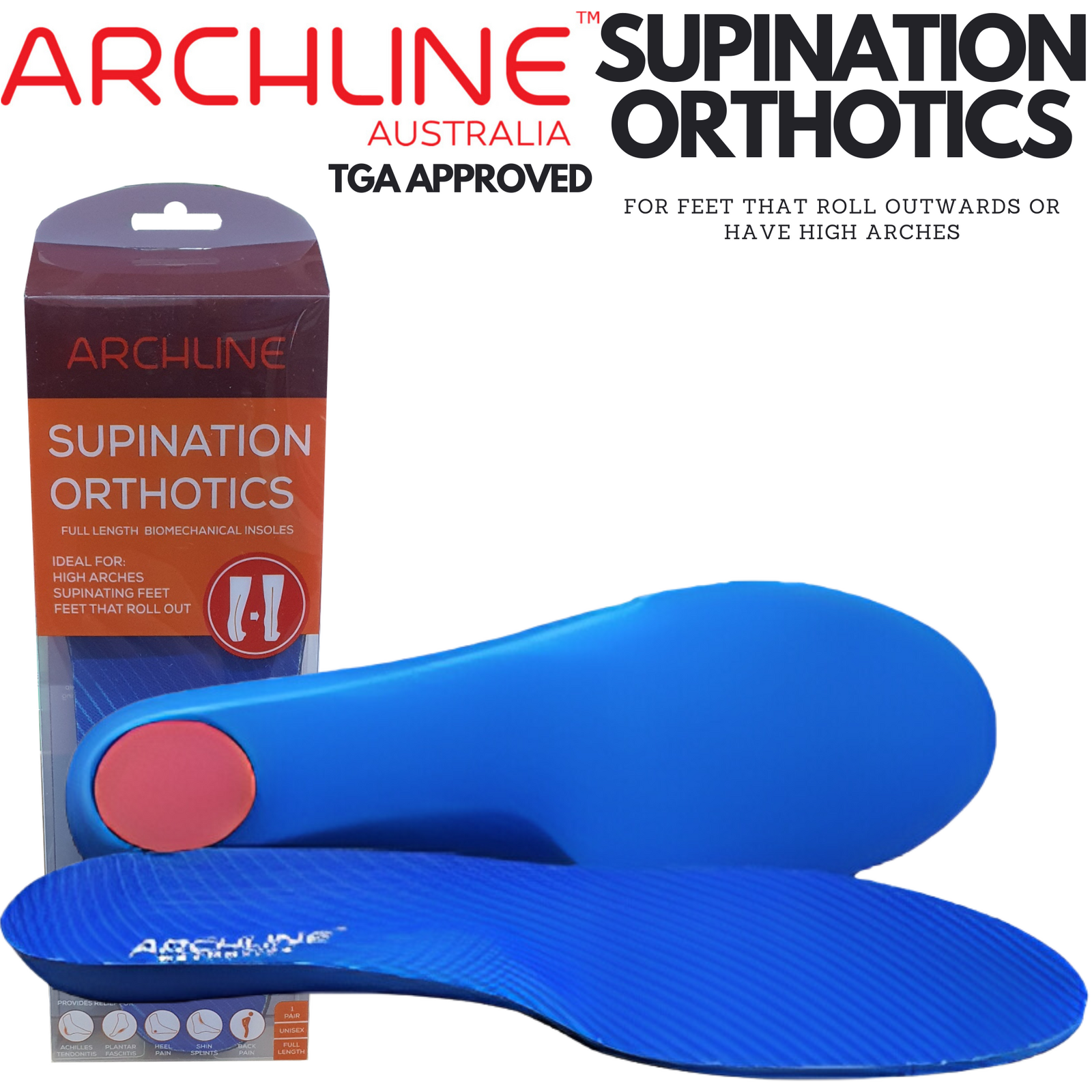 Archline Supination Orthotic Insoles - Full Length (Unisex) Plantar Fasciitis High Arch - Euro 47 12