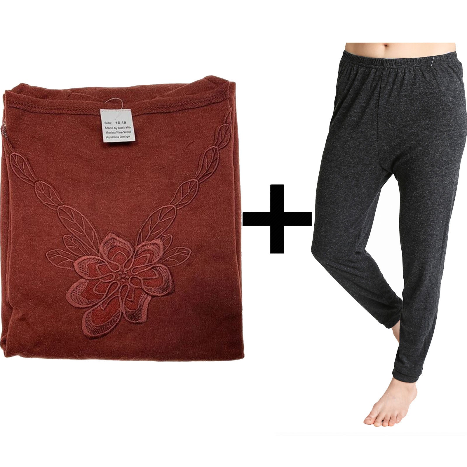 2pcs Set Womens Merino Wool Blend Pants & Top Underwear Leggings Thermal Thermals - Burgundy Top & Black Pants - 12-14