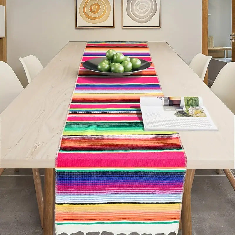 Rainbow Table Cloth Runner Stripe w/ Tassel Mexican Tablecloth Wedding Party Decor 3