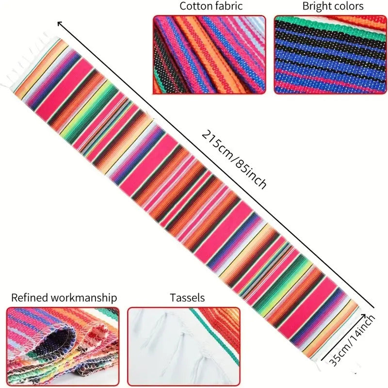 Rainbow Table Cloth Runner Stripe w/ Tassel Mexican Tablecloth Wedding Party Decor 4
