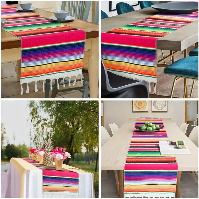 Rainbow Table Cloth Runner Stripe w/ Tassel Mexican Tablecloth Wedding Party Decor 5