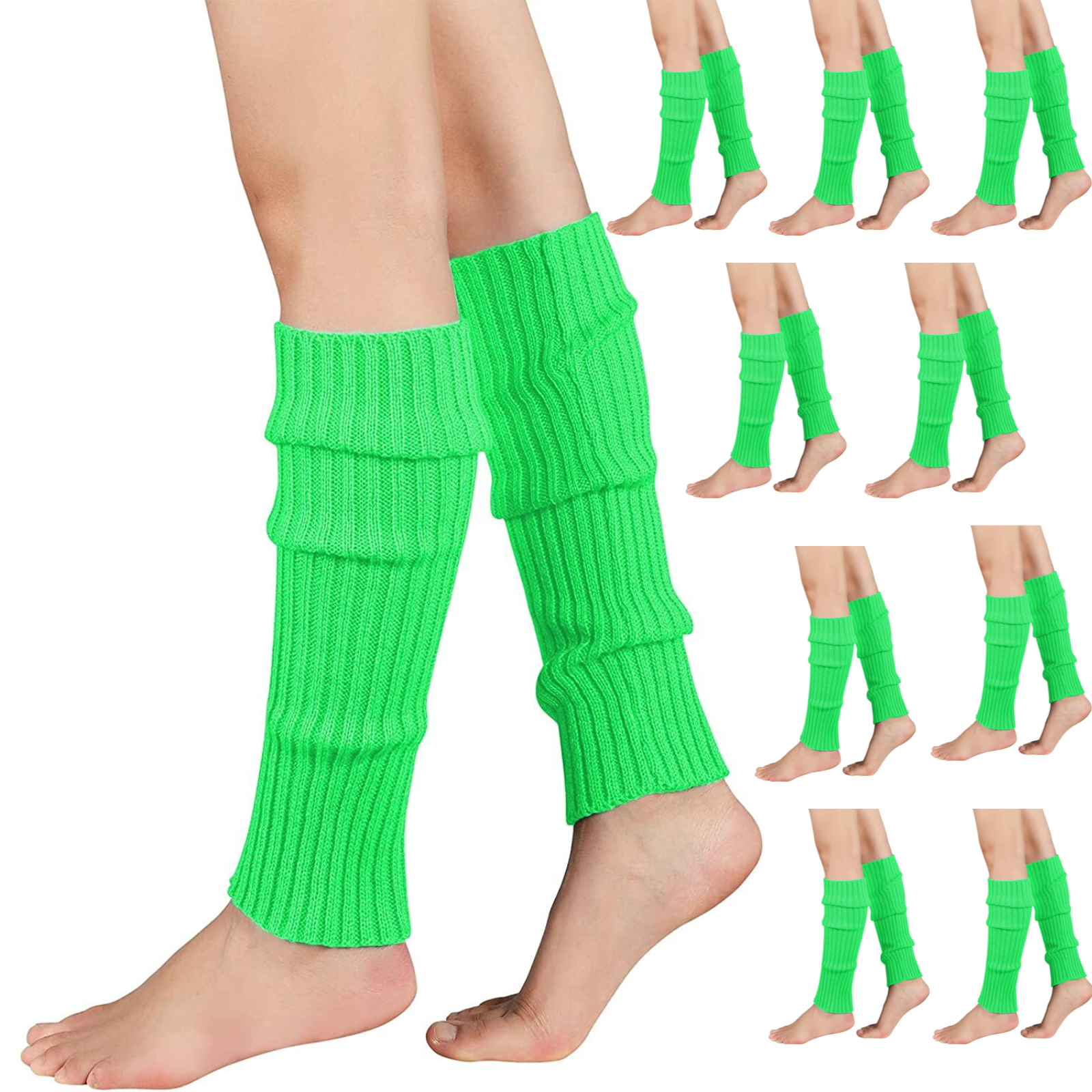 12x LEG WARMERS Knitted Womens Costume Neon Dance Party Knit 80s BULK - Fluro Green 3