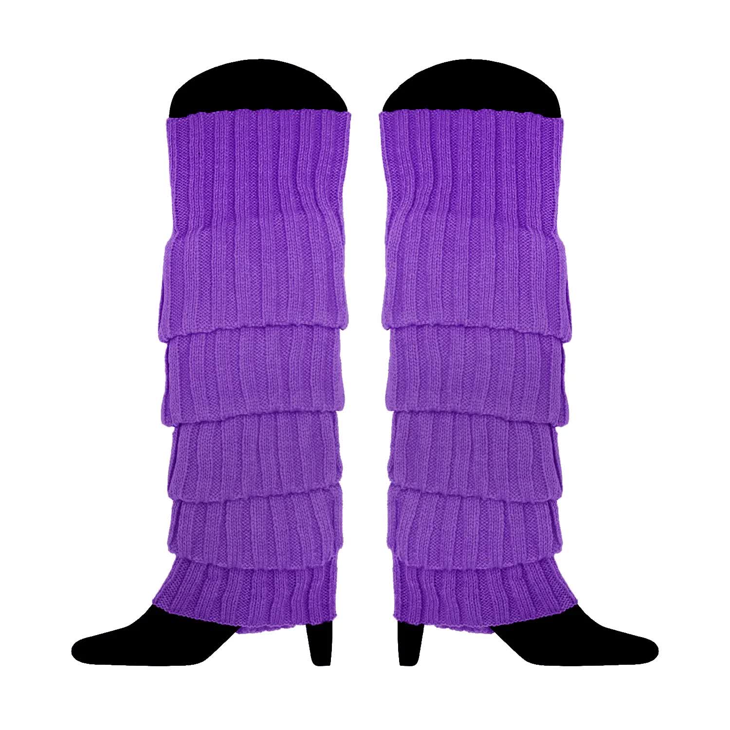 12x LEG WARMERS Knitted Womens Costume Neon Dance Party Knit 80s BULK - Purple 3