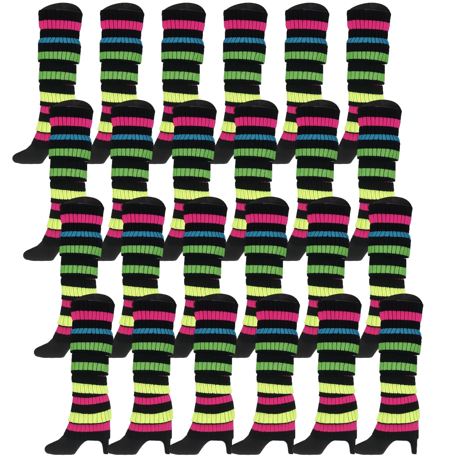 24x Womens Leg Warmers Disco Winter Knit Dance Party Crochet Legging Socks Costume - Rainbow with Black Stripe 3