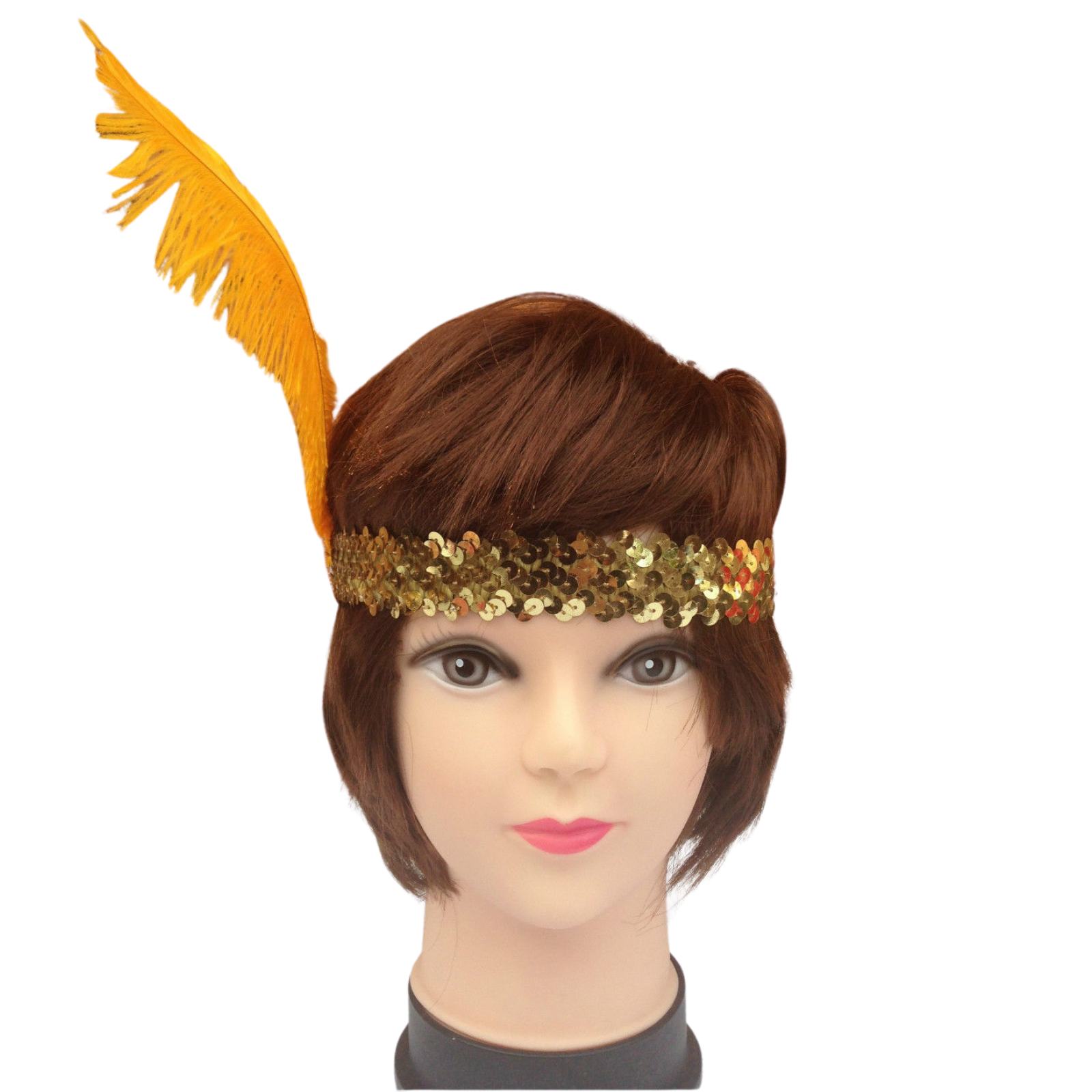 3x 1920s FLAPPER HEADBAND Headpiece Feather Sequin Charleston Costume Gatsby - Gold/Orange 3