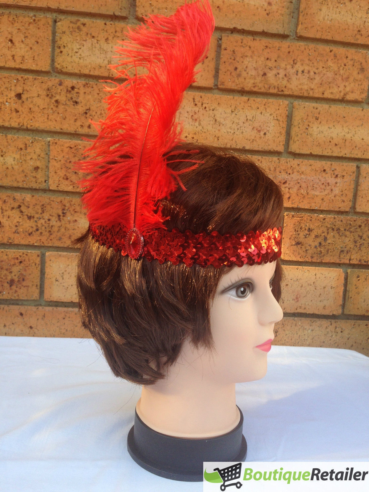 3x 1920s FLAPPER HEADBAND Headpiece Feather Sequin Charleston Costume Gatsby - Red 5