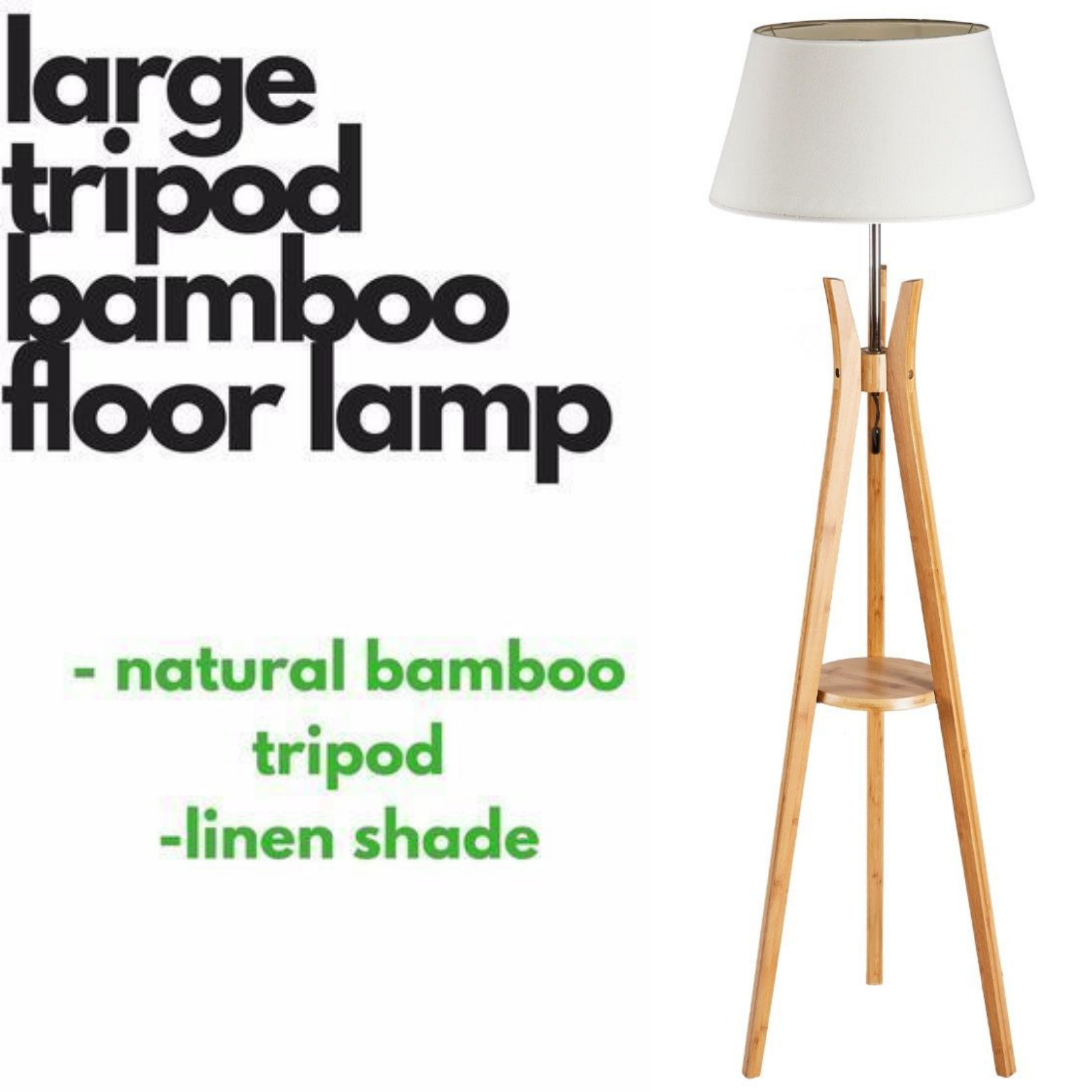 LARGE BAMBOO TRIPOD FLOOR LAMP Linen Shade Modern Light Vintage Wooden Scandi 9