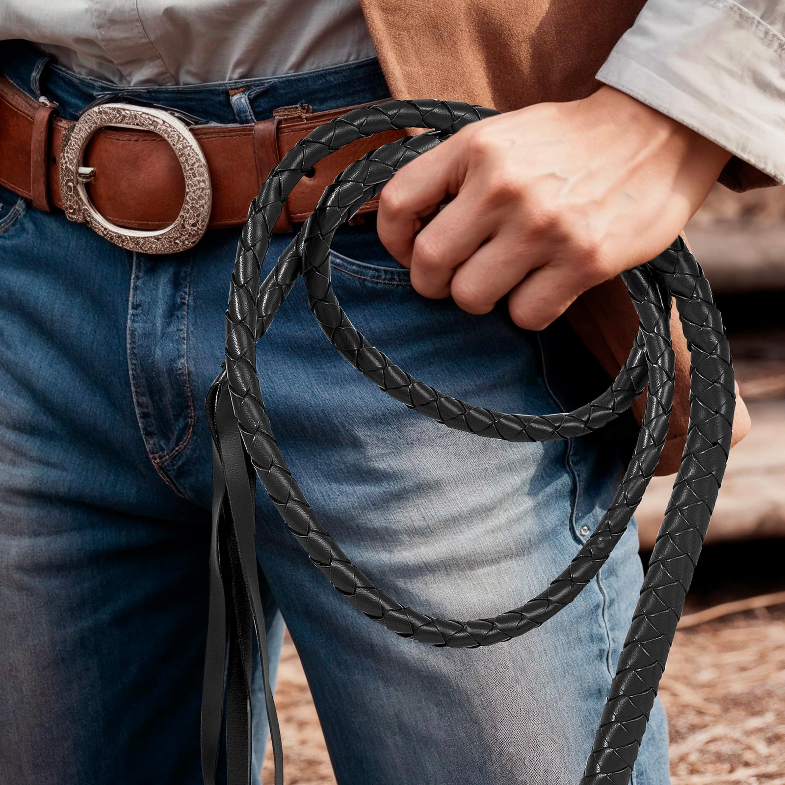 BLACK WHIP Faux Leather Costume Party 180cm Riding Cowboy Fancy Dress 3