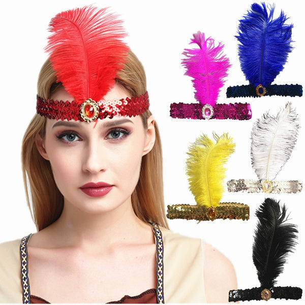 1920s FLAPPER HEADBAND Headpiece Feather Sequin Charleston Costume Gatsby Dance - Hot Pink 6