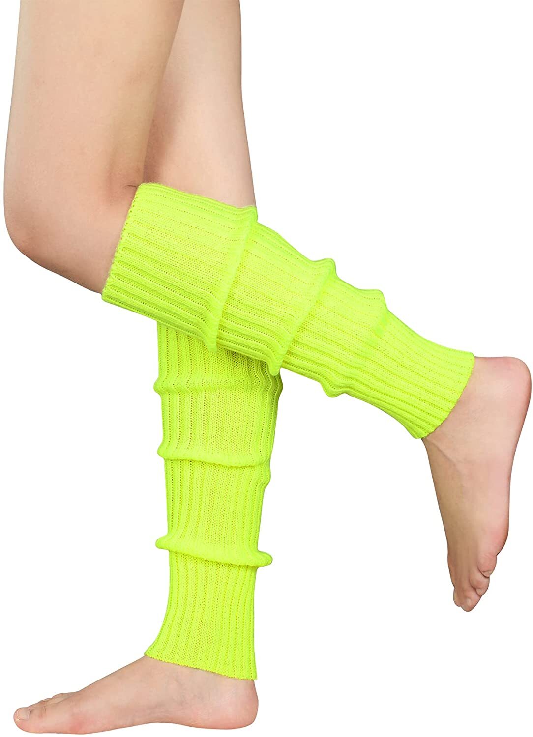 Pair of Womens Leg Warmers Disco Winter Knit Dance Party Crochet Legging Socks Costume - Fluro Yellow 3