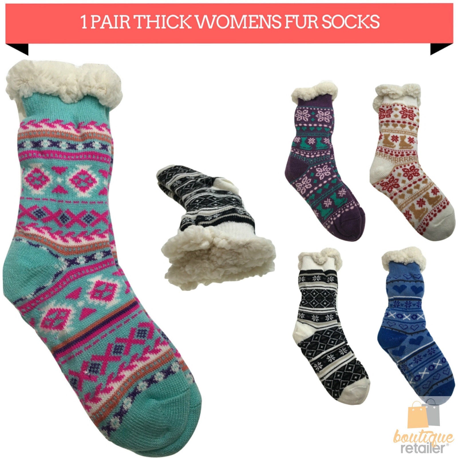 1 Pair Ladies Thick Fur Bed Socks Womens Soft Work Fluffy Slipper Non Slip - One Size 3