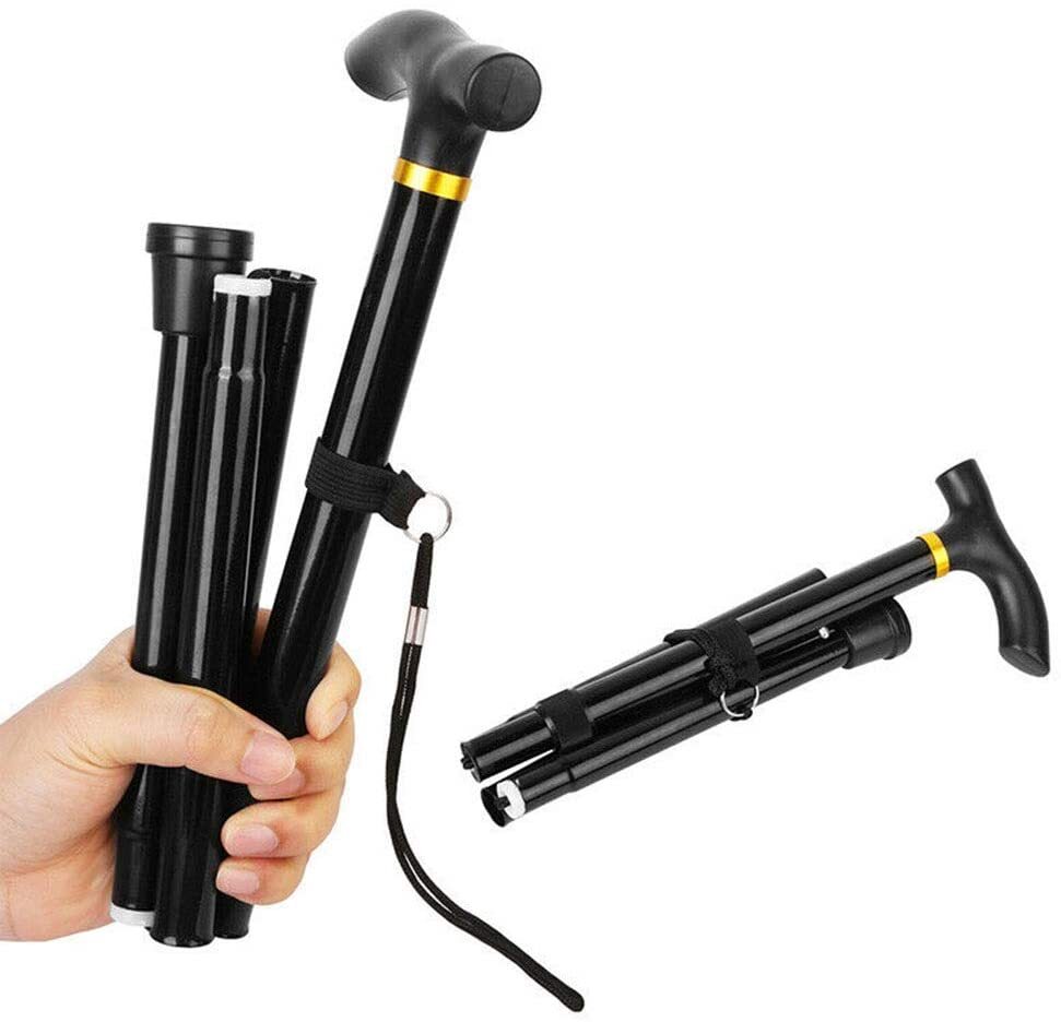 Adjustable Metal WALKING STICK Travel Cane Folding Pole Compact Retractable Hike - Black 4