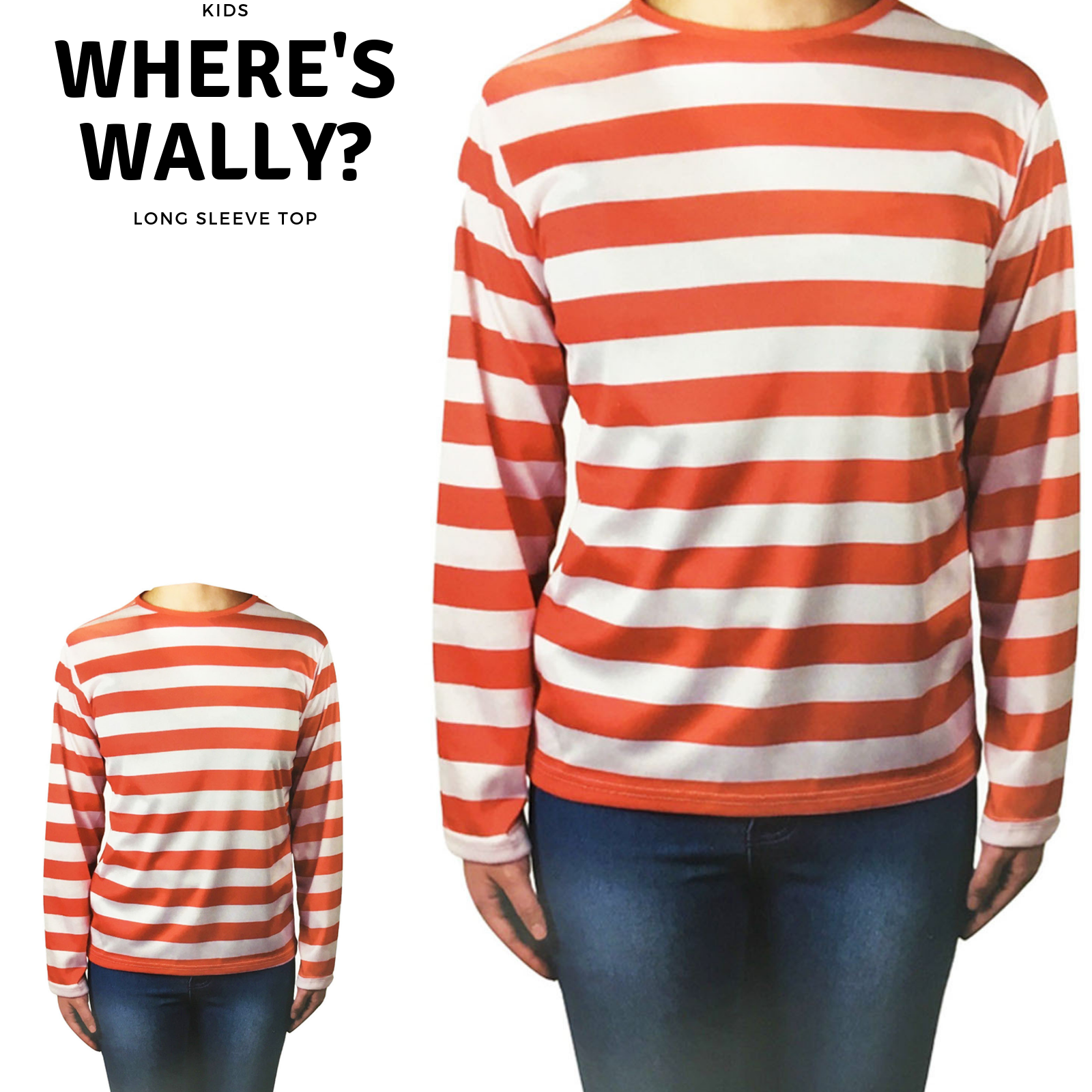 KIDS Red and White Striped Top Wenda Waldo Shirt Costume Party Book Week - Large (10-12 Years Old) 4