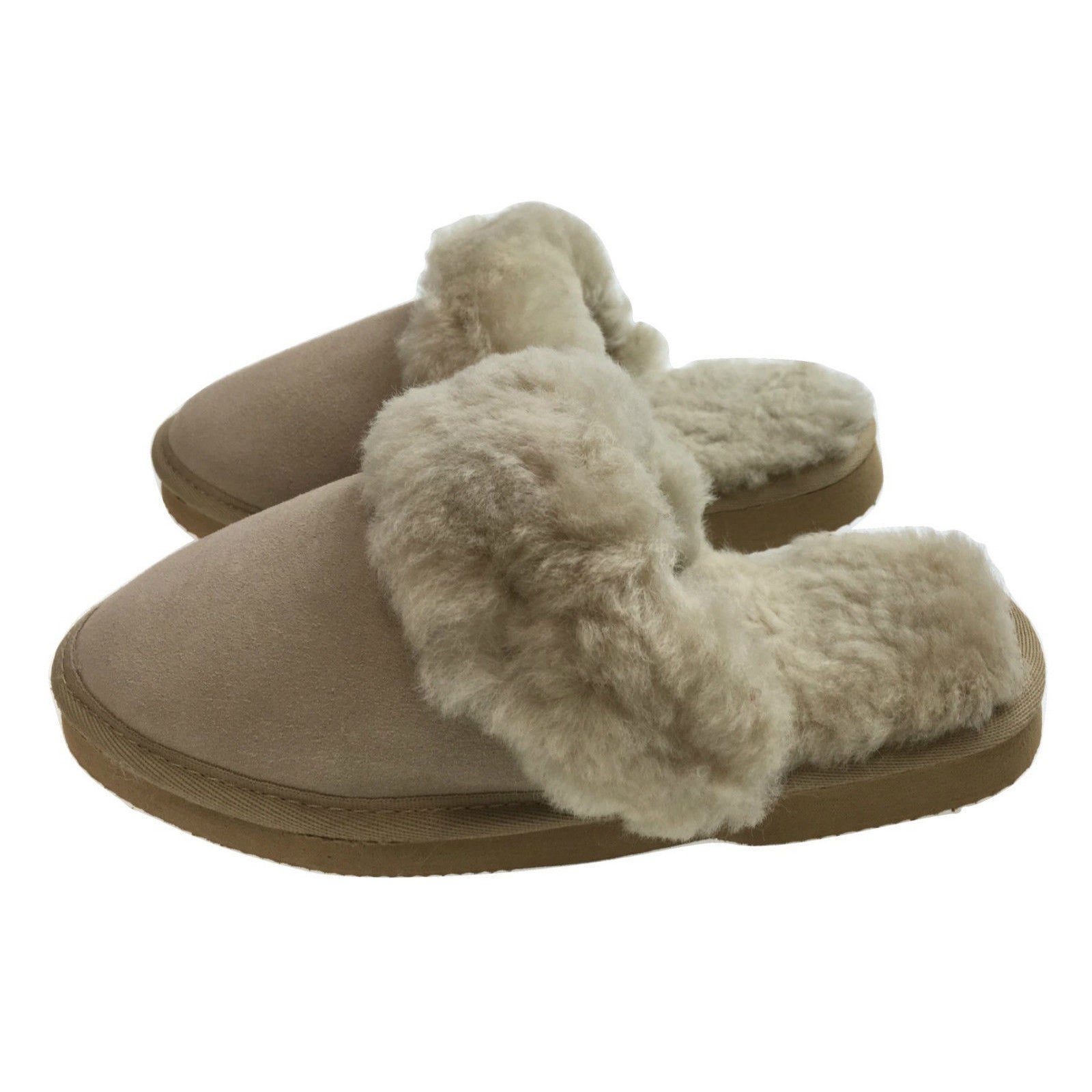 100% Sheepskin Moccasin Slippers Winter Genuine Scuffs Slip On Mens Womens - Beige (with fur) - 7 4
