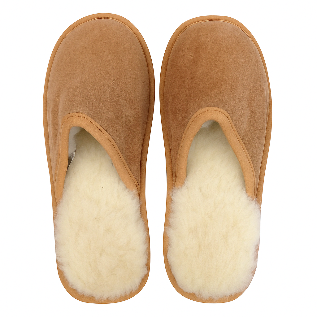 Sheepskin Wool Mens Slippers Scuffs Slip On Winter Ugg Slippers in Chestnut - 10 4