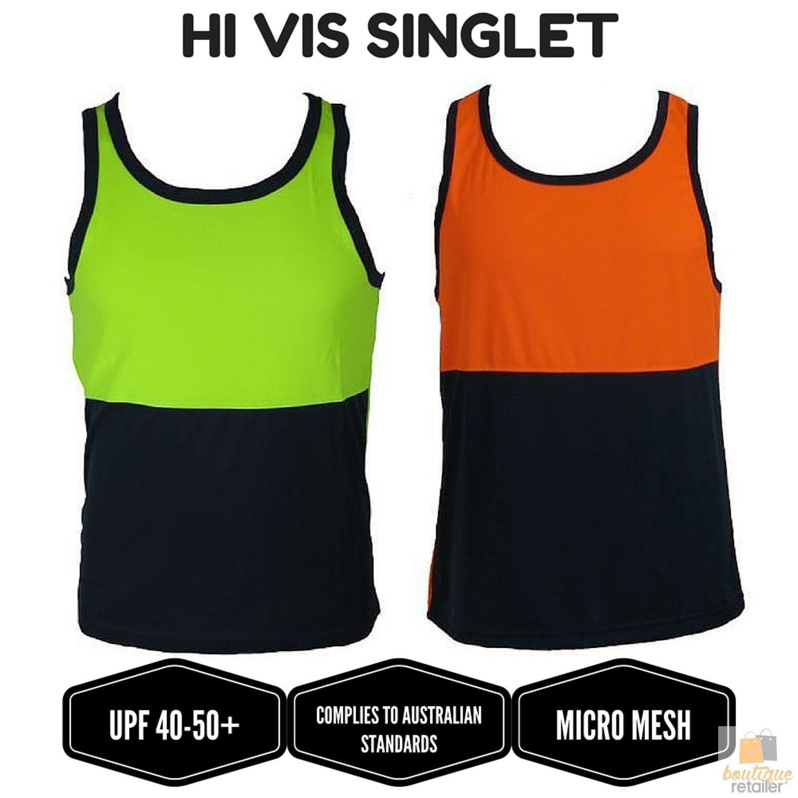 Hi Vis SINGLET Work Wear Safety Tank Top Fluro Micro Mesh UPF50+ High Visibility - Lime - Large 4