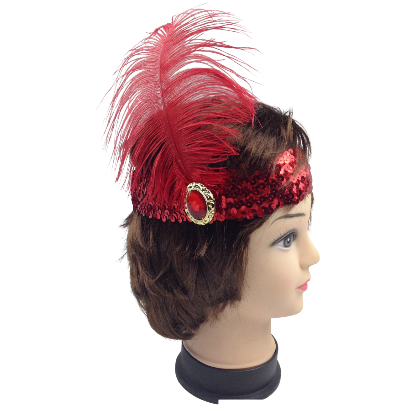 WIDE FLAPPER HEADBAND Feather Sequin Costume Gatsby Charleston Headpiece 1920s - Red 3