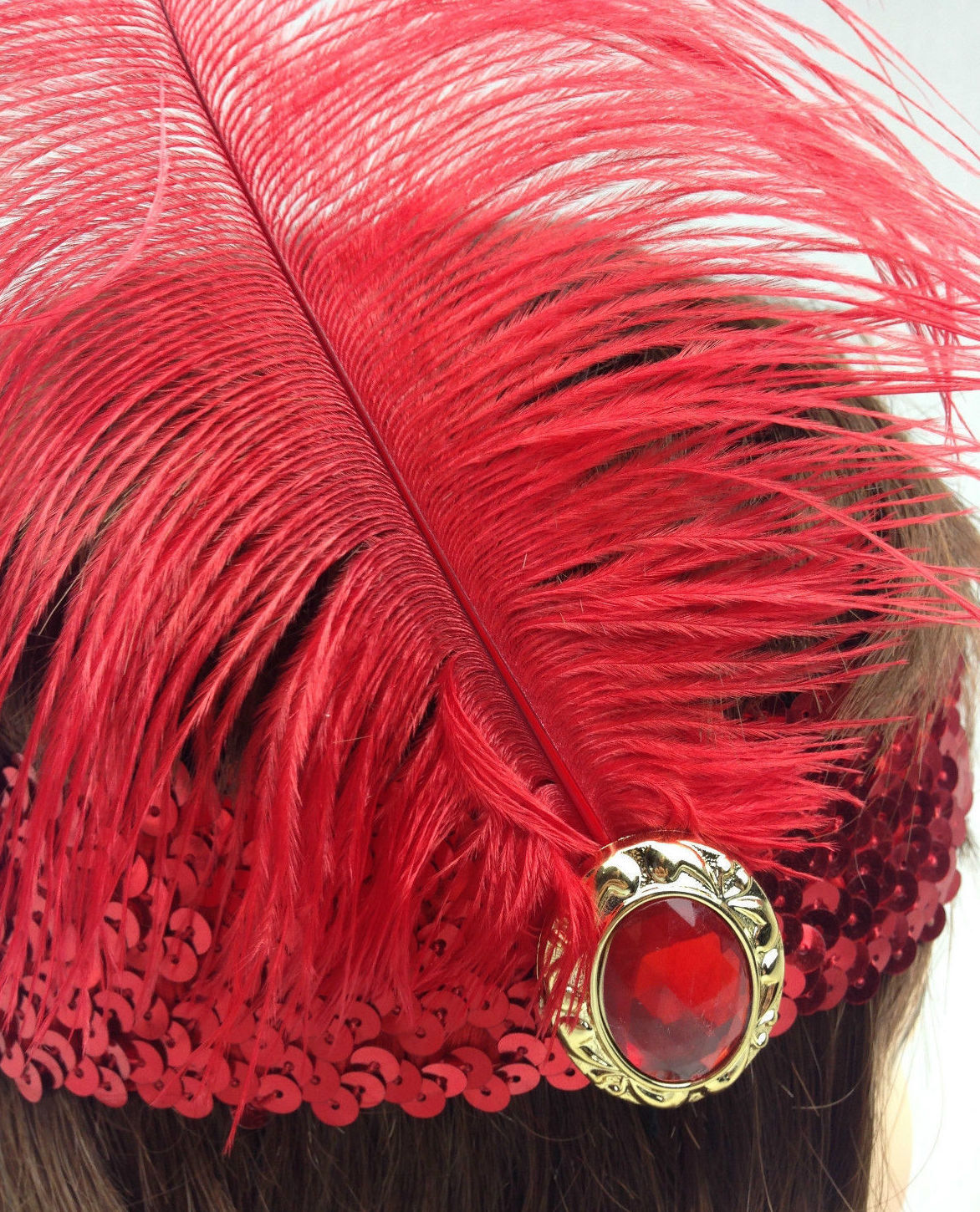 WIDE FLAPPER HEADBAND Feather Sequin Costume Gatsby Charleston Headpiece 1920s - Red 4