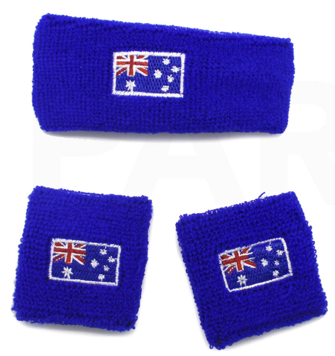 WRISTBAND & HEADBAND SET Tennis Terry Towelling Cotton Sweat Band Team Gym  - Australia Flag 3