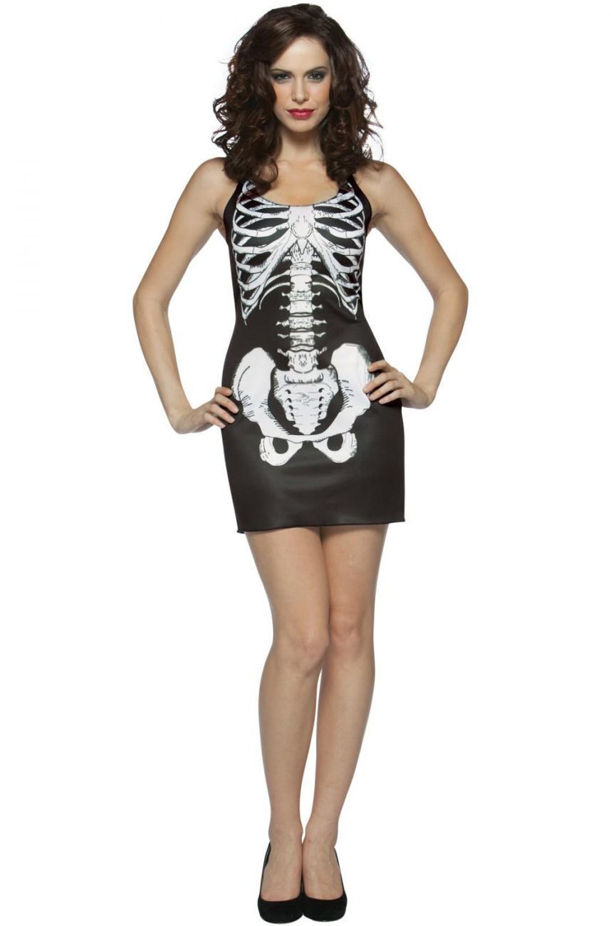 Womens SKELETON COSTUME Halloween Bones Tank Dress Black White Party 3