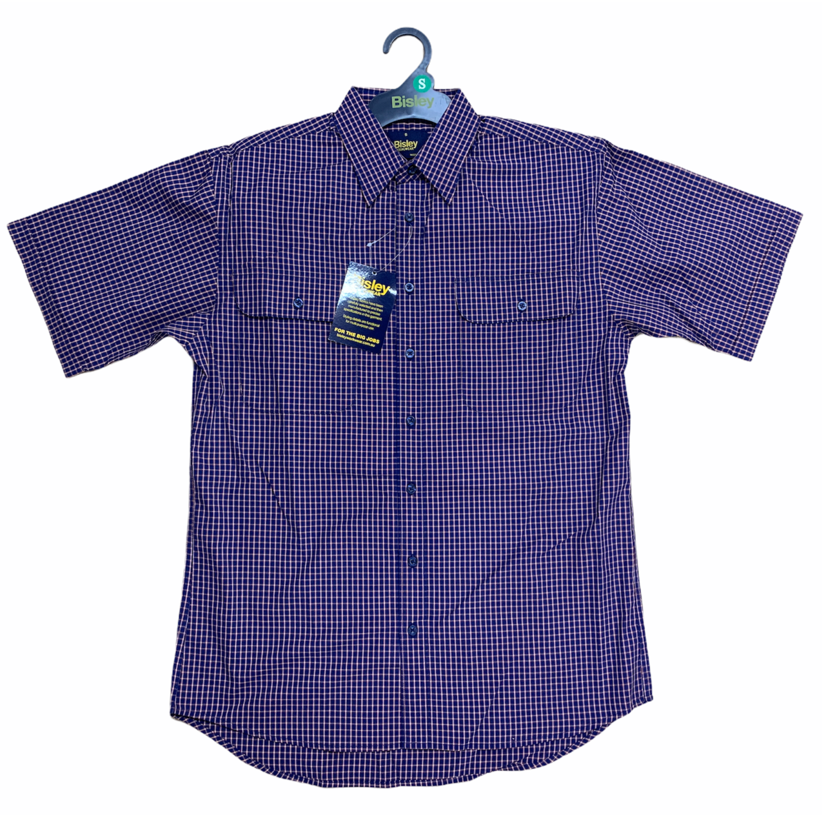 Bisley Mens Short Sleeve Check Shirt Checkered Cotton Blend Casual Business Work - Navy - S 4