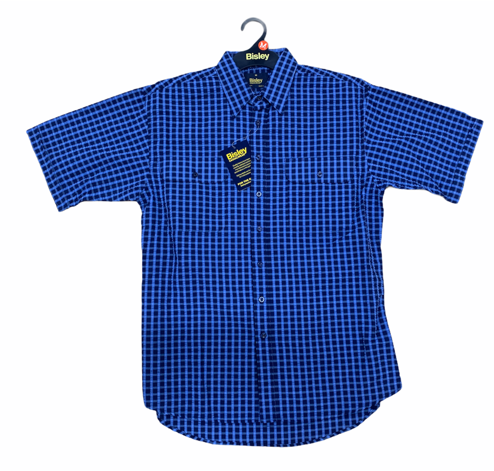 Bisley Mens Short Sleeve Seersucker Shirt Checkered Cotton Blend Casual Business Work - Blue - M 4