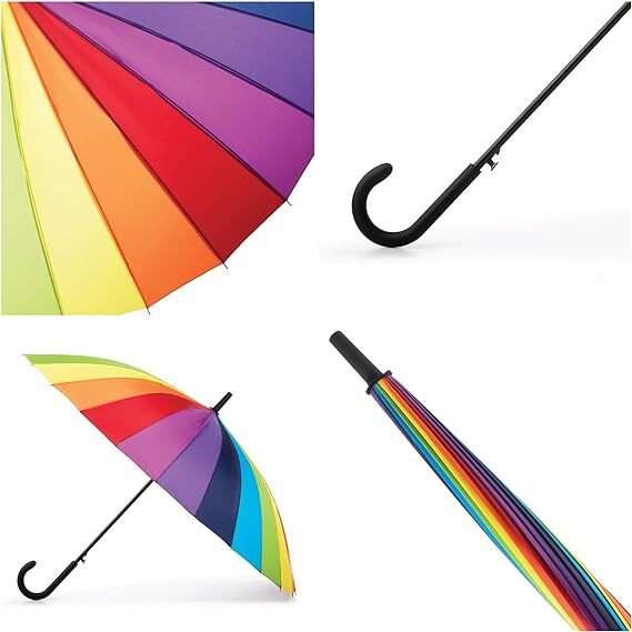 120cm Diameter RAINBOW UMBRELLA Rain Sun Colourful Parasol Long Shaft - Curved 6