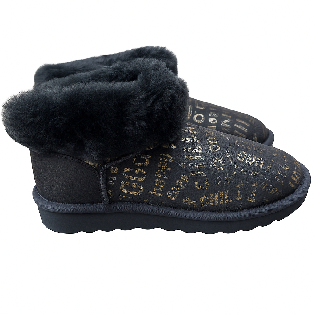 Womens Australian Sheepskin Wool Fur Mini UGG Ankle Boots in Gold Black - 4