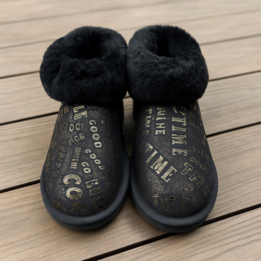 Womens Australian Sheepskin Wool Fur Mini UGG Ankle Boots in Gold Black - 8 6