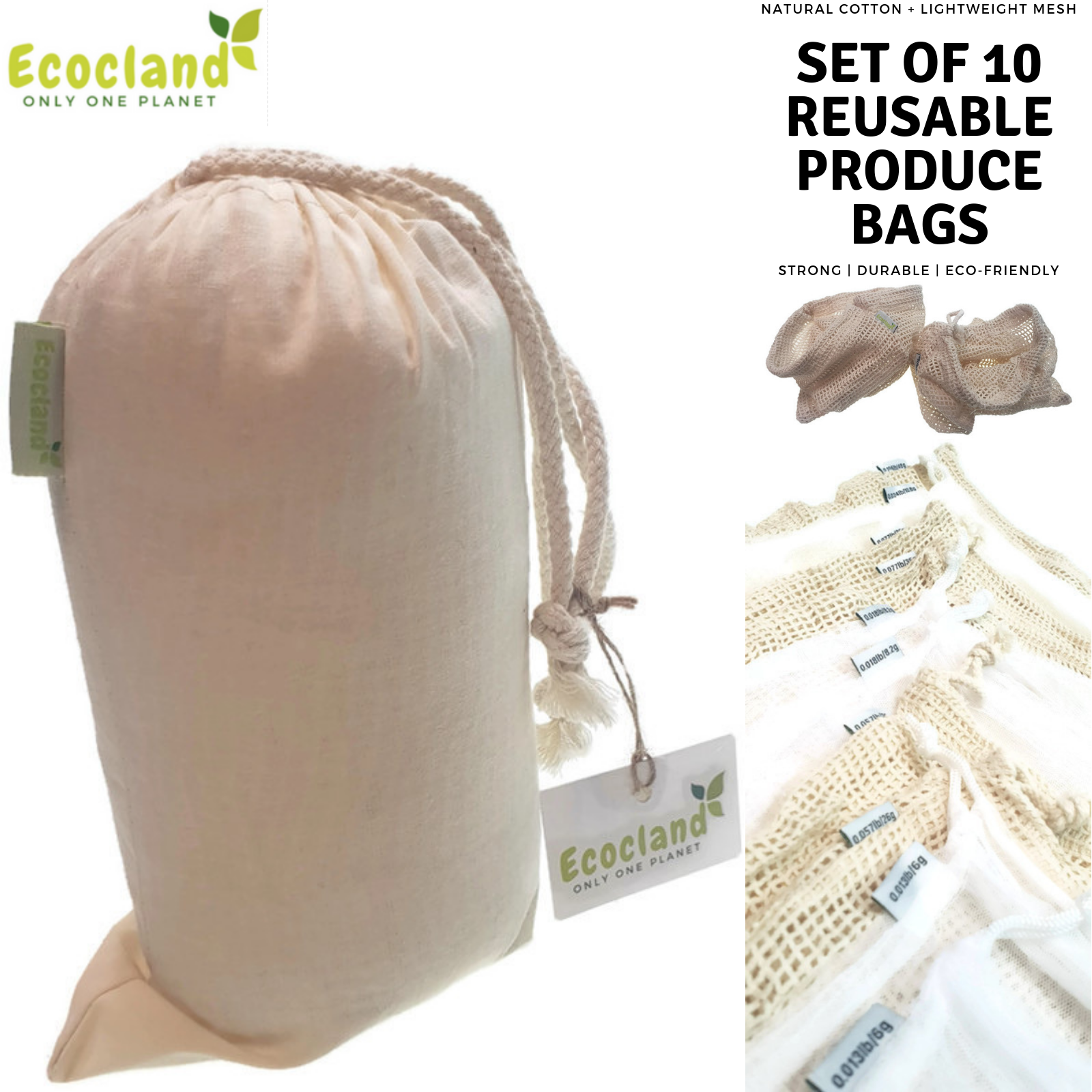 Set of 10 ECOCLAND Reusable Mesh Produce Bags Fruit Grocery Storage Washable Eco Bag 10