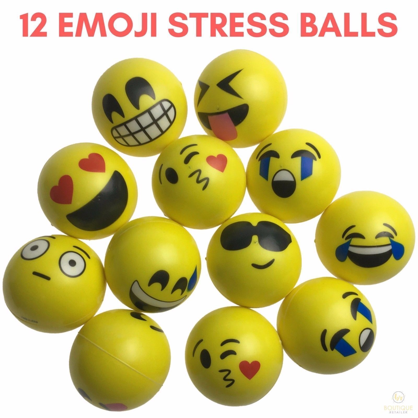 12 EMOJI FACE STRESS BALLS Hand Relief Squeeze Tension Reliever Soft Smiley 70mm 4